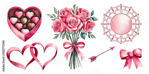 Watercolor Valentine's Day Clipart:  A collection of adorable watercolor illustrations perfect for Valentine's Day designs. This clipart set includes a heart-shaped box of chocolates.