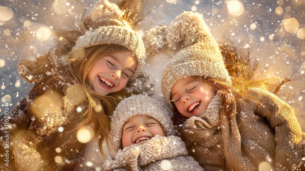 A group of children lies on the snow, enjoying themselves against a snowy backdrop. A group of children lies on the snow, enjoying themselves against a snowy backdrop.
