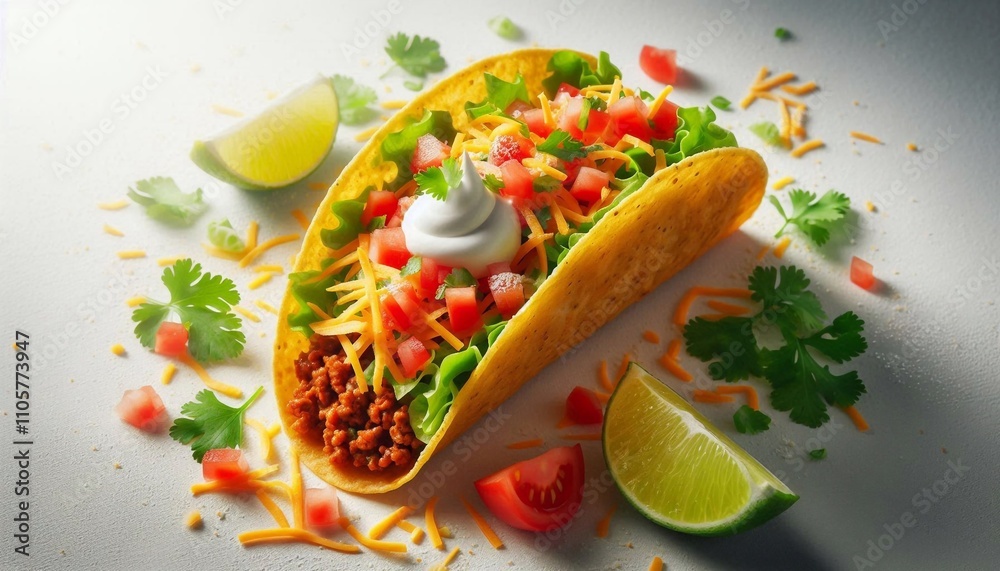Delicious Taco with Fresh Toppings Isolated on White Background