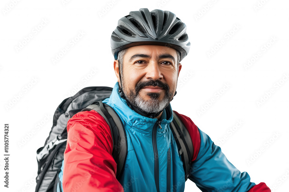 Fototapeta premium A man with a beard wears a helmet and colorful jacket while riding a bicycle. He exhibits a confident expression and a sense of adventure, ready to explore outdoor trails or urban roads on his bike jo
