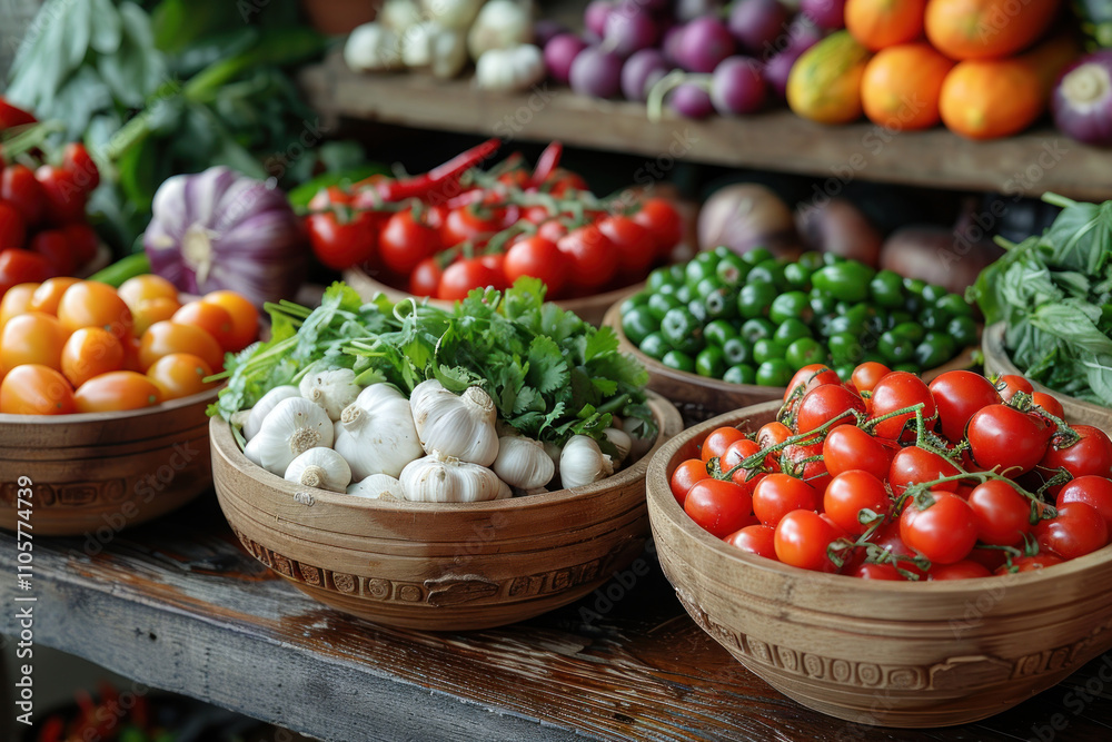 an abundance of fresh vegetables and herbs neatly arranged in wooden bowls on the counter.  