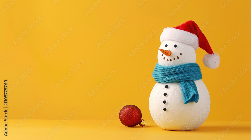 Snowman displayed on yellow studio background perfect for seasonal winter-themed designs and copy space. Festive spirit, creativity, and holiday cheer associated with snowmen during the winter season. Snowman displayed on yellow studio background perfect for seasonal winter-themed designs and copy space. Festive spirit, creativity, and holiday cheer associated with snowmen during the winter season.
