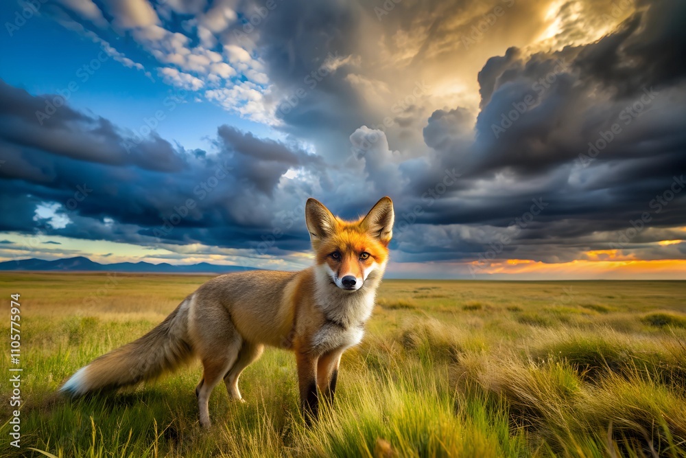 A fox in the steppe looks into the distance against a stormy cloudy sky A fox in the steppe looks into the distance against a stormy cloudy sky