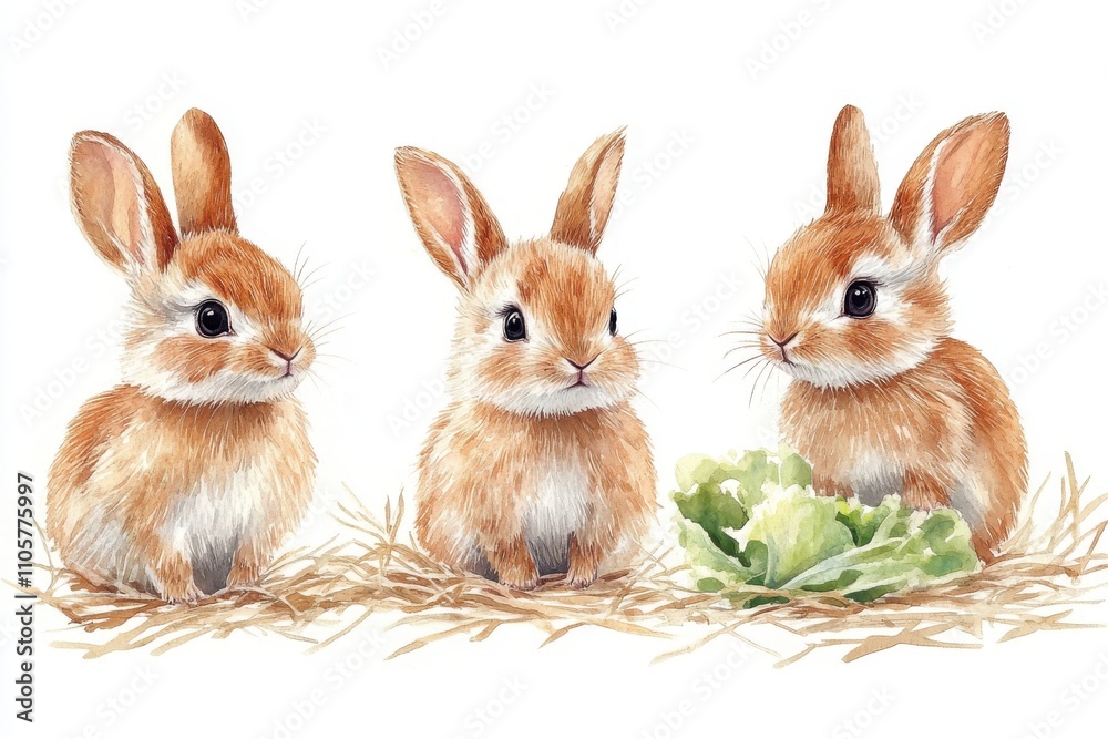 Fototapeta premium Three cute rabbits sitting on straw with a piece of lettuce.