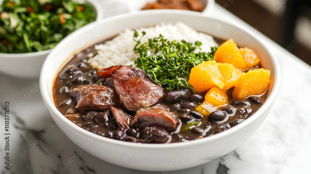 Authentic Brazilian Feijoada with Black Beans, Cured Meats, Orange Segments and Crispy Farofa, Traditional South American Comfort Food Photography Authentic Brazilian Feijoada with Black Beans, Cured Meats, Orange Segments and Crispy Farofa, Traditional South American Comfort Food Photography