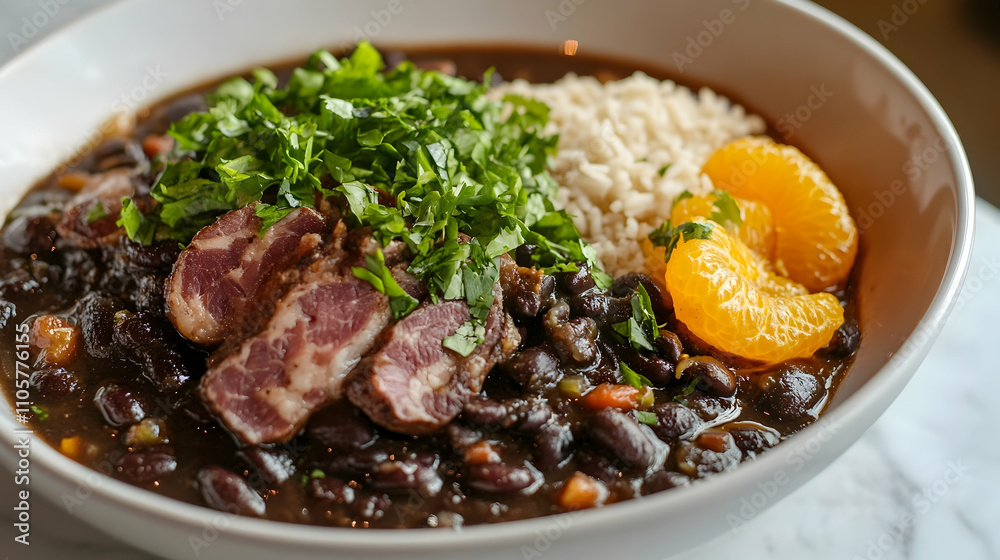 Authentic Brazilian Feijoada with Black Beans, Cured Meats, Orange Segments and Crispy Farofa, Traditional South American Comfort Food Photography Authentic Brazilian Feijoada with Black Beans, Cured Meats, Orange Segments and Crispy Farofa, Traditional South American Comfort Food Photography