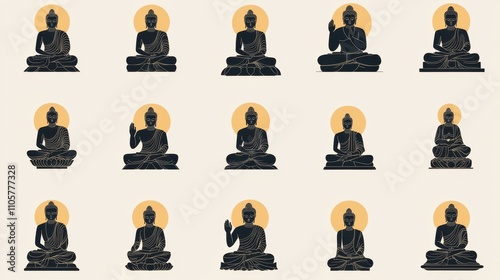 A set of various Buddha icons in full detail, isolated on a transparent background The collection includes a variety of Buddha hand gestures (mudras), each representing different spiritual meanings  photo