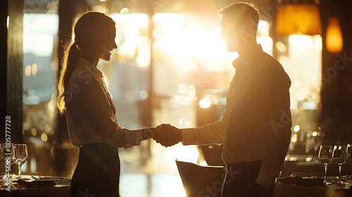 Smiling professional shaking hands with a client, large windows with soft daylight, overtheshoulder shot photo