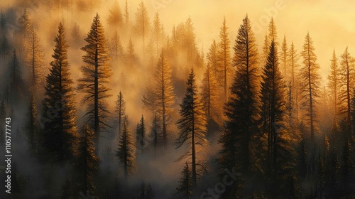 Golden morning light streaming through tall pine trees, illuminating mist in the forest