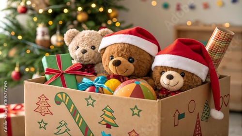 Festively decorated cardboard box filled with teddy bears and toys for a holiday toy drive