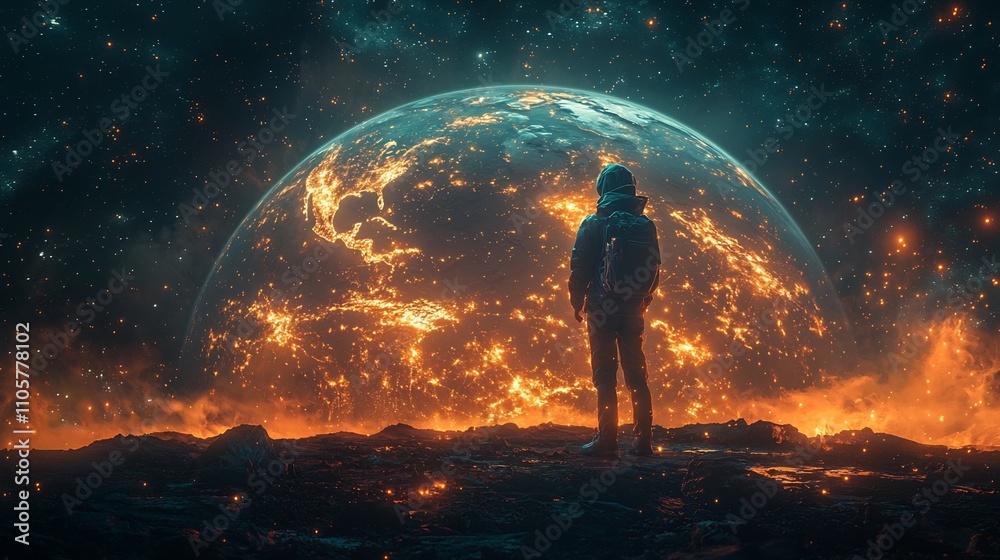 A Person Stands in a Futuristic Digital Realm Representing Global Connectivity and Communication Technology A Person Stands in a Futuristic Digital Realm Representing Global Connectivity and Communication Technology