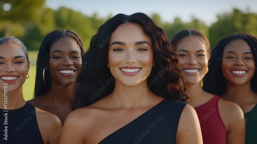 Diverse group of people smiling and holding hands in a park, symbolizing unity Diverse group of people smiling and holding hands in a park, symbolizing unity