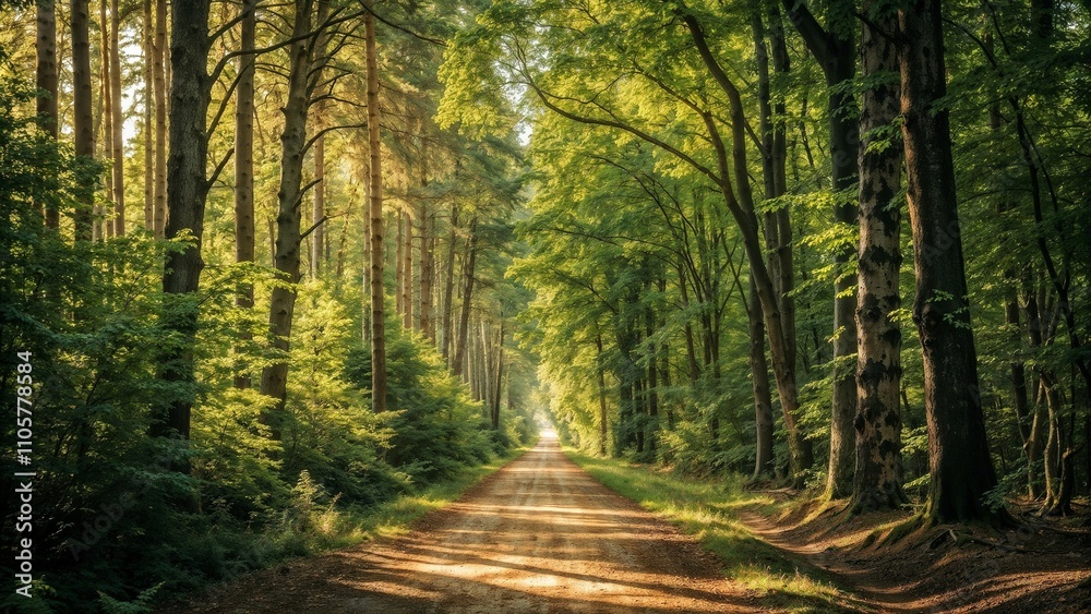 Fototapeta premium Forest path with sunlight streaming through tall trees for a serene nature experience
