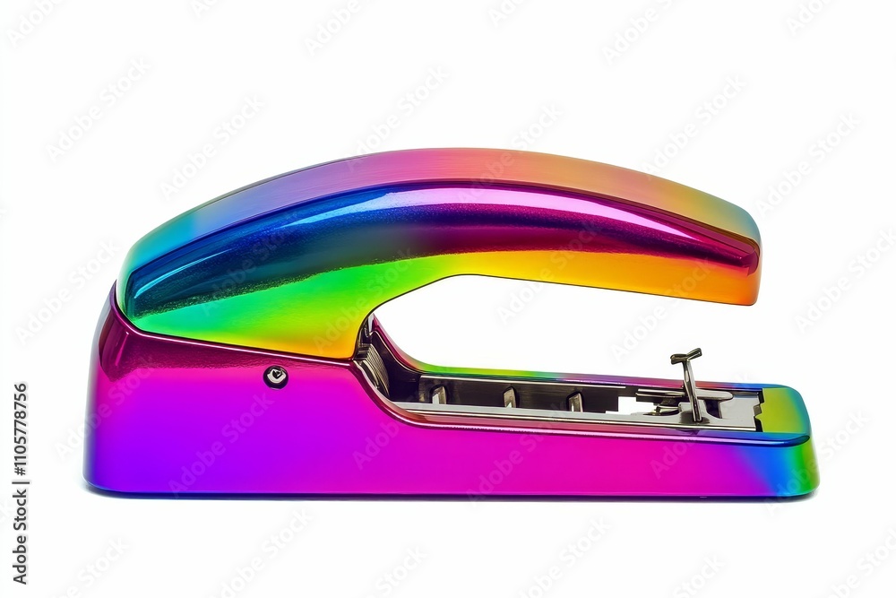 Rainbow-colored stapler, modern design, metallic finish.