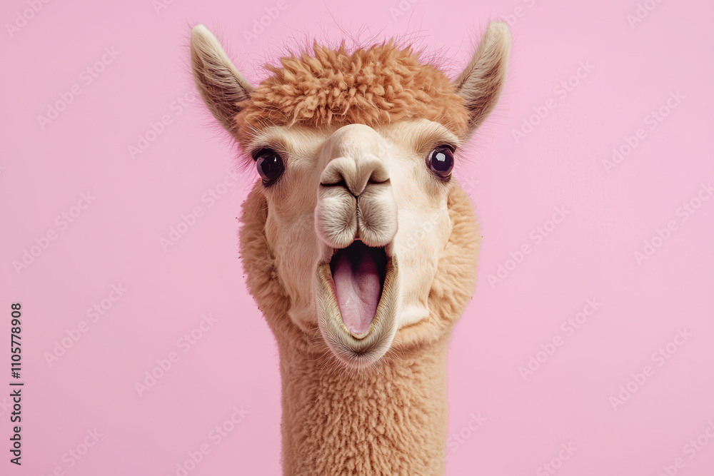 Obraz premium shocked alpaca with fluffy fur, plain light lavender background, A surprised alpaca with a playful expression against a vibrant pink background, perfect for showcasing humor and personality.