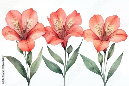 Three vibrant orange flowers with green leaves on a white background.