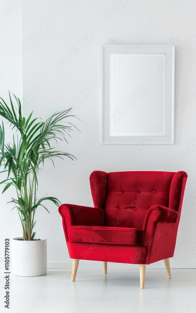 Scandinavian interior design of modern living room with accent red armchair and frame on wall. - Scandinavian interior design of modern living room with accent red armchair and frame on wall. -