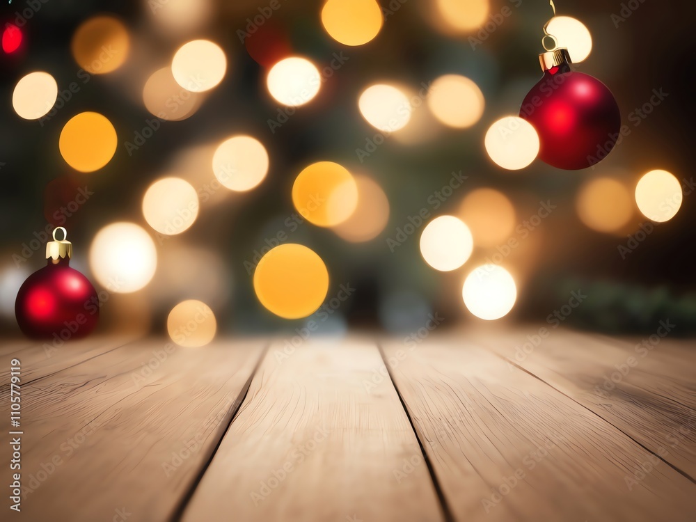 Festive Christmas Wooden Table with Red Ornaments and Sparkling Lights Background Festive Christmas Wooden Table with Red Ornaments and Sparkling Lights Background