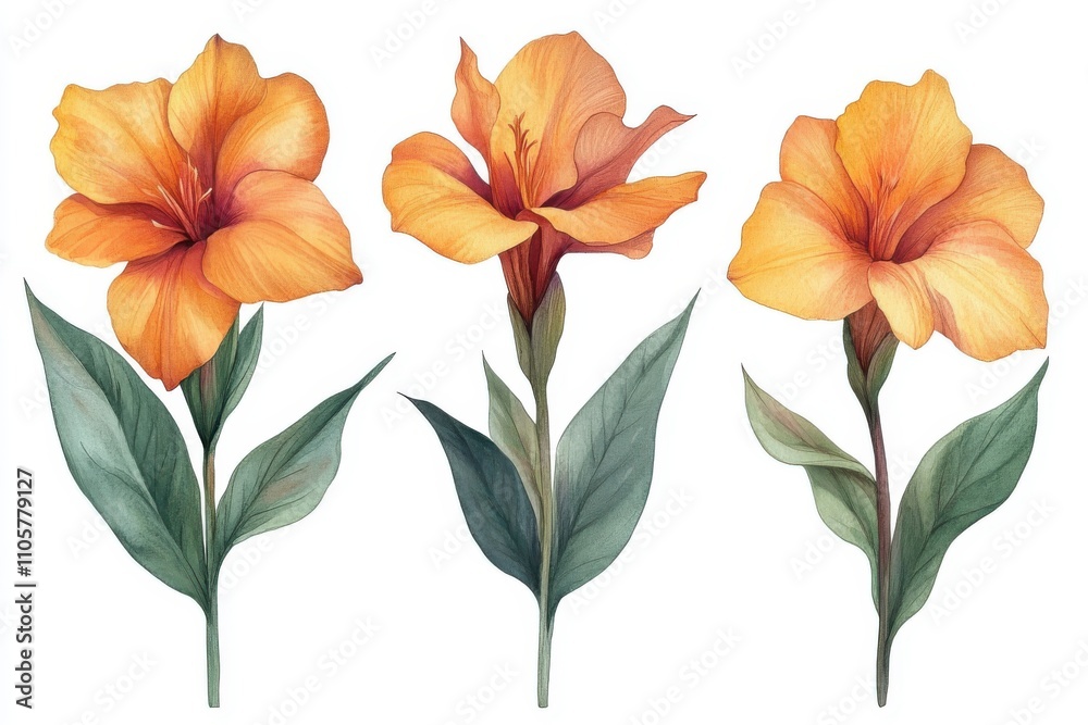 Three vibrant orange flowers with green leaves, showcasing botanical beauty.