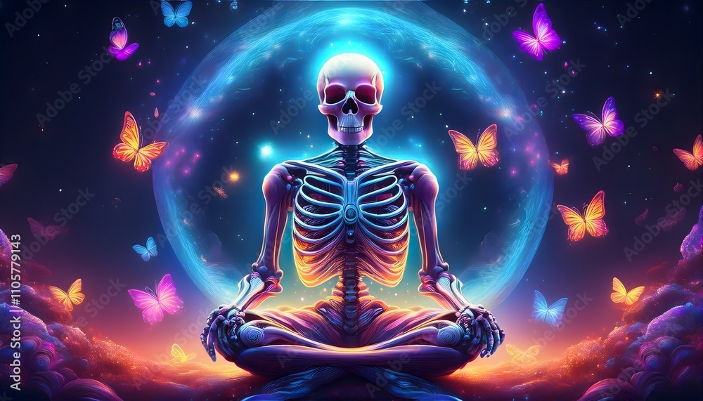 Skeletal figure meditating with butterflies under a cosmic aura in a vibrant, surreal setting Skeletal figure meditating with butterflies under a cosmic aura in a vibrant, surreal setting