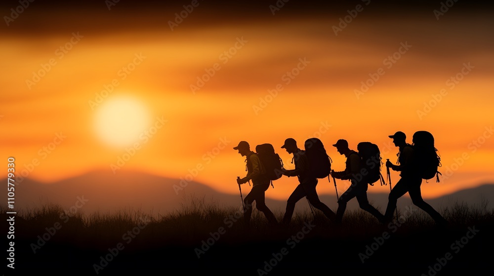 Friends helping each other climb a hill during a group hike, symbolizing support Friends helping each other climb a hill during a group hike, symbolizing support