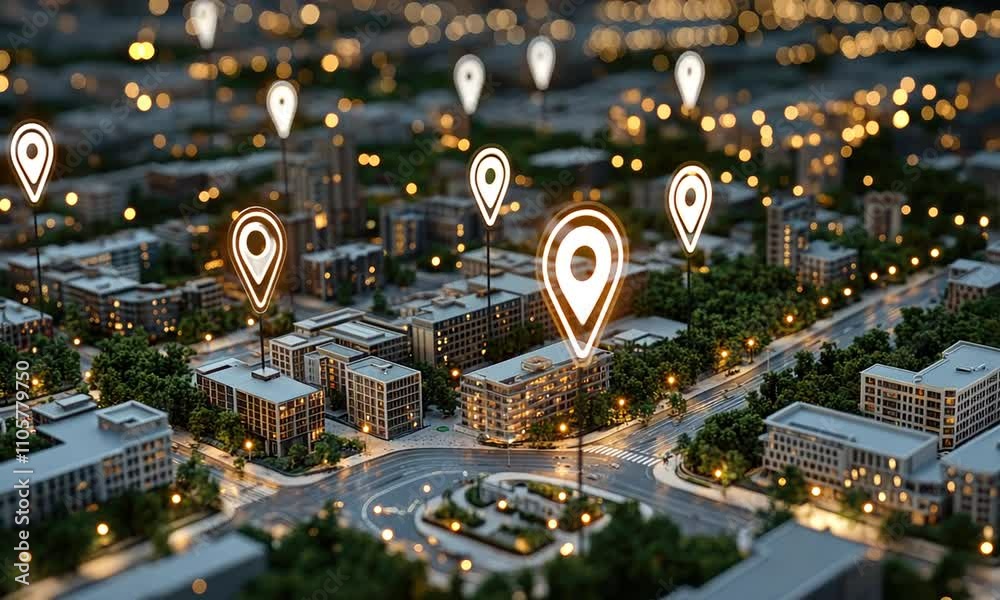 The vibrant cityscape illuminated at night showcases digital mapping markers highlighting key urban locations and features