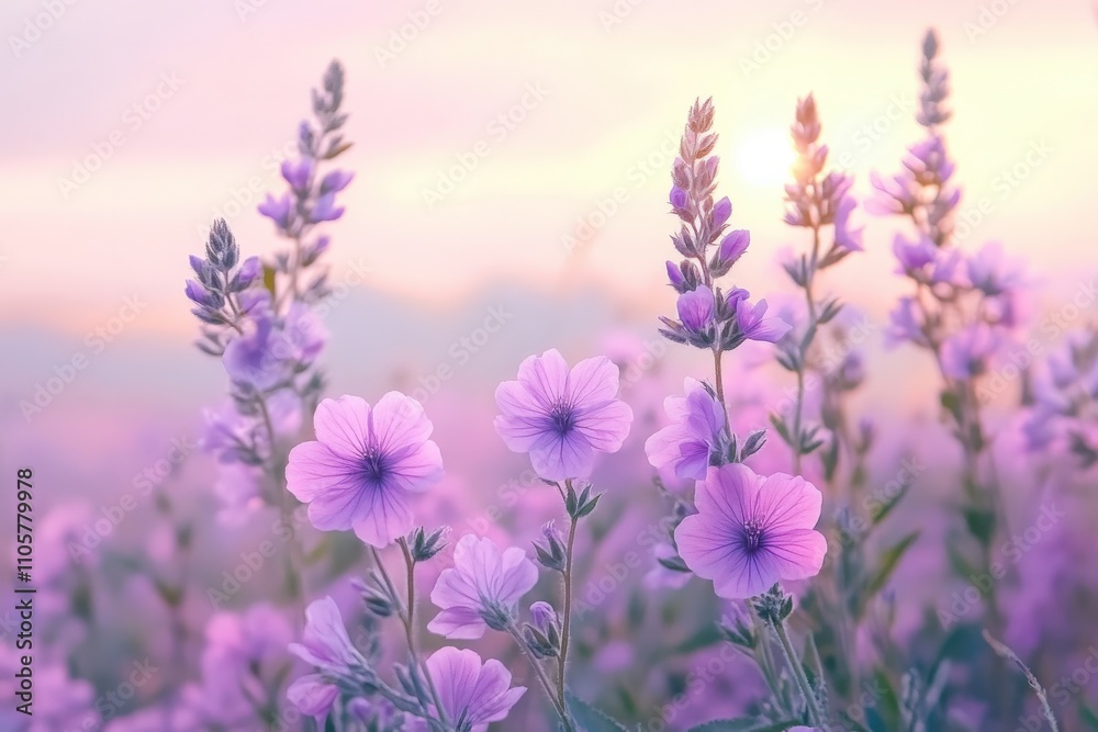 Naklejka premium Malva Flowers. Mauve Beauty in Summer Field with Grass