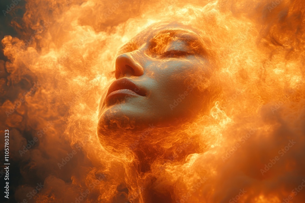 Fiery enigma: female face surrounded by flames and smoke Fiery enigma: female face surrounded by flames and smoke