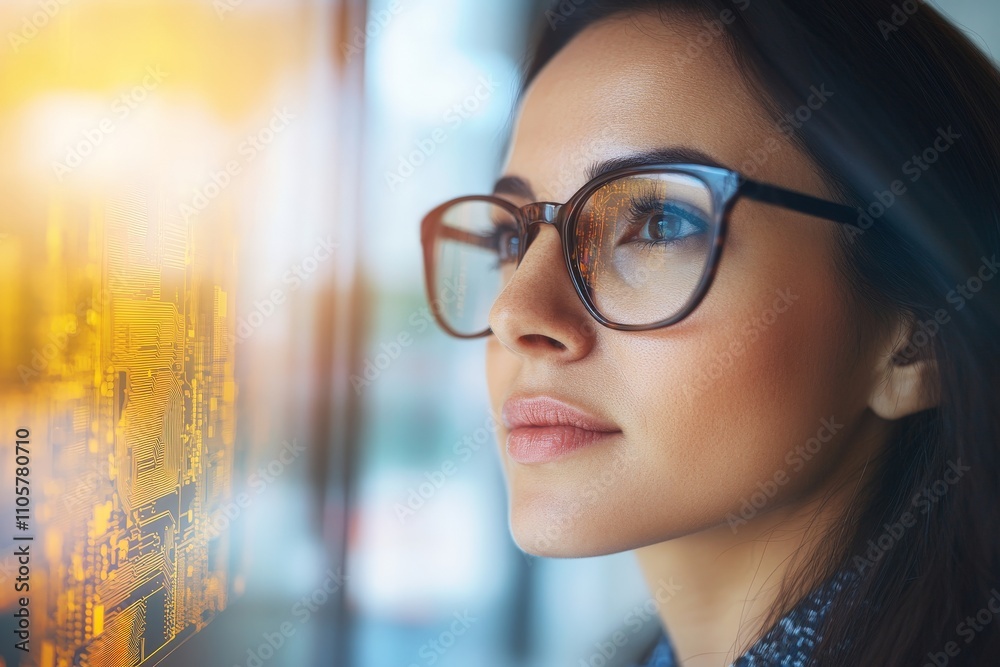 Young hispanic female analyzing circuit board reflections in glasses. Young hispanic female analyzing circuit board reflections in glasses.