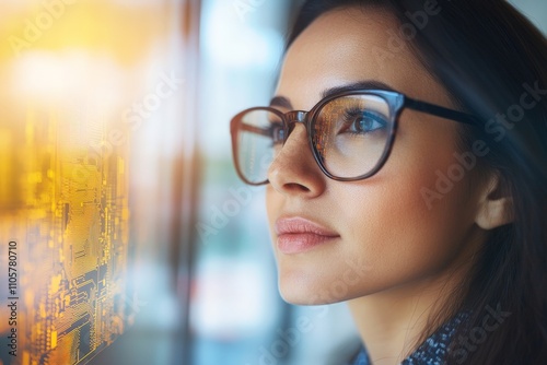 Young hispanic female analyzing circuit board reflections in glasses.