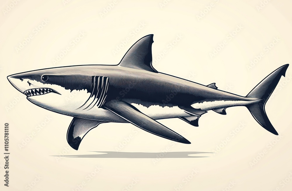 Obraz premium Here's a and keyword list for your image.. Powerful great white shark illustration, side profile, detailed rendering.