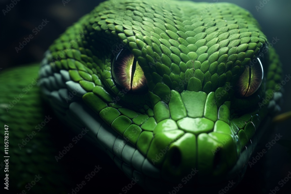 Fototapeta premium close up green snake head with scary eyes