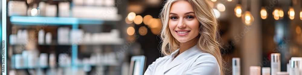 A confident and successful young businesswoman salesperson smiling warmly, conveying positivity and professionalism in a modern luxury skincare and beauty cosmetics office environment. Her friendly de A confident and successful young businesswoman salesperson smiling warmly, conveying positivity and professionalism in a modern luxury skincare and beauty cosmetics office environment. Her friendly de
