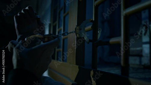 Low-key closeup of hands of unrecognizable criminal or kidnapper holding hostage in dark basement and handcuffing hands of captive to window grate, violence and torturing