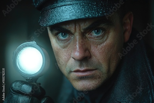 Intense caucasian male detective with flashlight in dim light