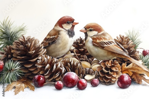 Two sparrows among pinecones and berries, showcasing nature's beauty. photo