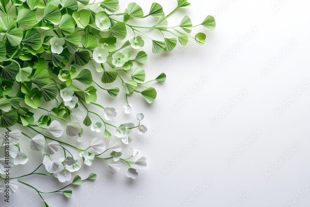 Fototapeta premium A lush arrangement of green and white leaves on a clean, white background, creating a fresh and natural aesthetic.