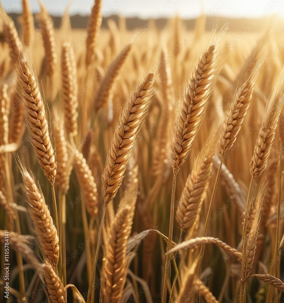 Close-up view of ripe wheat ears in the sunlight, grain, agriculture Close-up view of ripe wheat ears in the sunlight, grain, agriculture