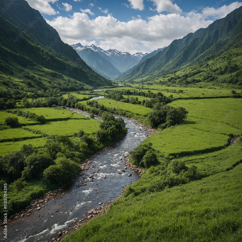 Fototapeta premium A small river cutting through a lush green valley, with mountains rising steeply on either side.