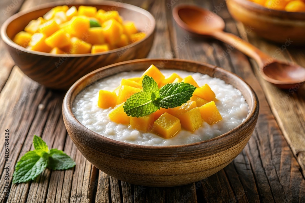 Delicious Asian Dessert Pudding with Tapioca, Coconut Milk, and Mango Close-Up in a Bowl on Table Delicious Asian Dessert Pudding with Tapioca, Coconut Milk, and Mango Close-Up in a Bowl on Table