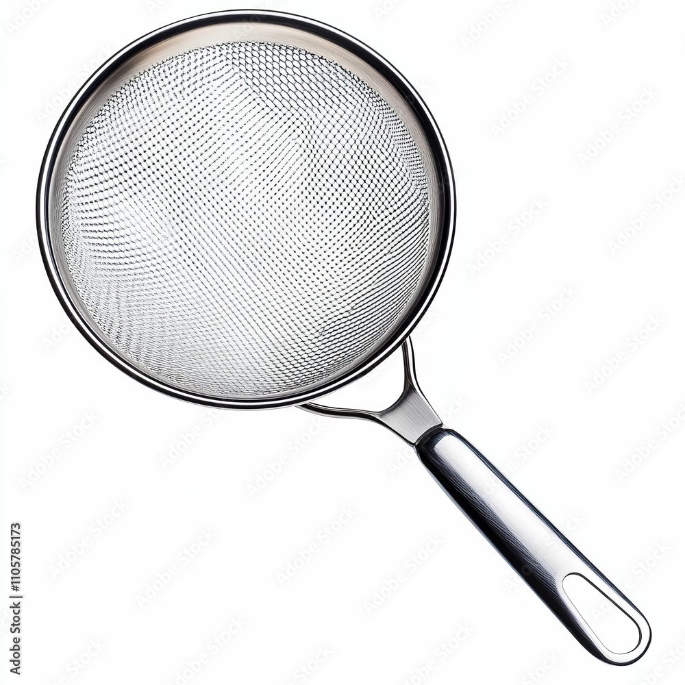 Metal strainer, fine mesh, long handle, kitchen utensil.
