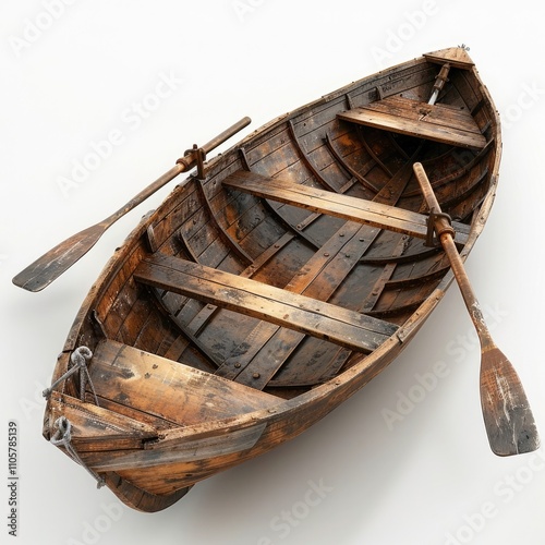 Isolated wooden rowing boat with oars on white background. photo