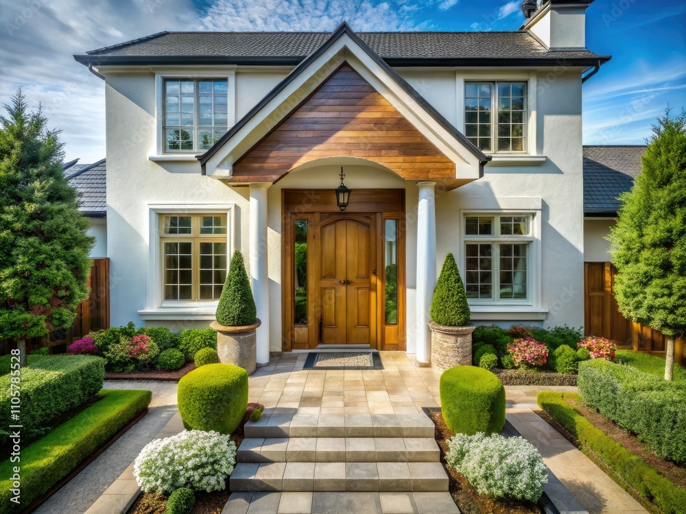 Elegant New House Entrance with Wooden Door and Crisp White Walls for a Welcoming Aesthetic in Aerial Photography Elegant New House Entrance with Wooden Door and Crisp White Walls for a Welcoming Aesthetic in Aerial Photography
