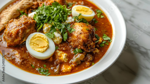 Traditional Ethiopian Doro Wat with Fresh Injera Bread, Berbere Spiced Eggs and House-Made Cottage Cheese, Authentic African Cuisine Photography