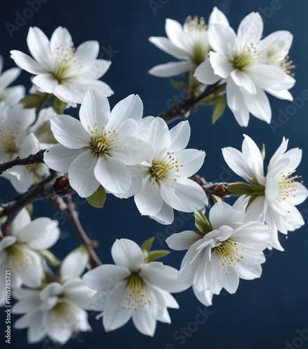 Exquisite white blossom on deep blue backdrop, close-up, pretty, detail