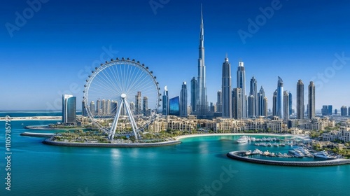 Aerial view of Bluewaters Island and Ain Dubai ferris wheel in Dubai, a new leisure and residential area in Dubai Marina.
