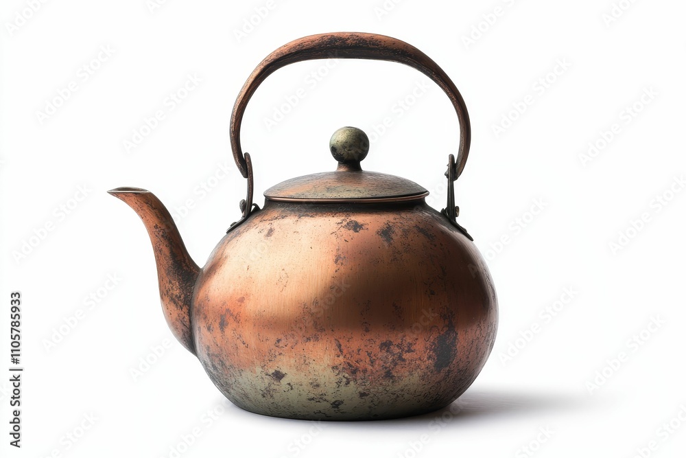 Aged copper teapot, rounded body, worn finish. Aged copper teapot, rounded body, worn finish.