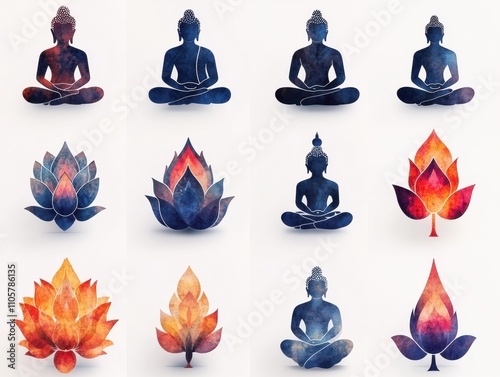 A set of various Buddha minimal icons in full detail, isolated on a transparent background The collection includes a variety of lotus flowers and enlightenment symbols, each with intricate patterns 