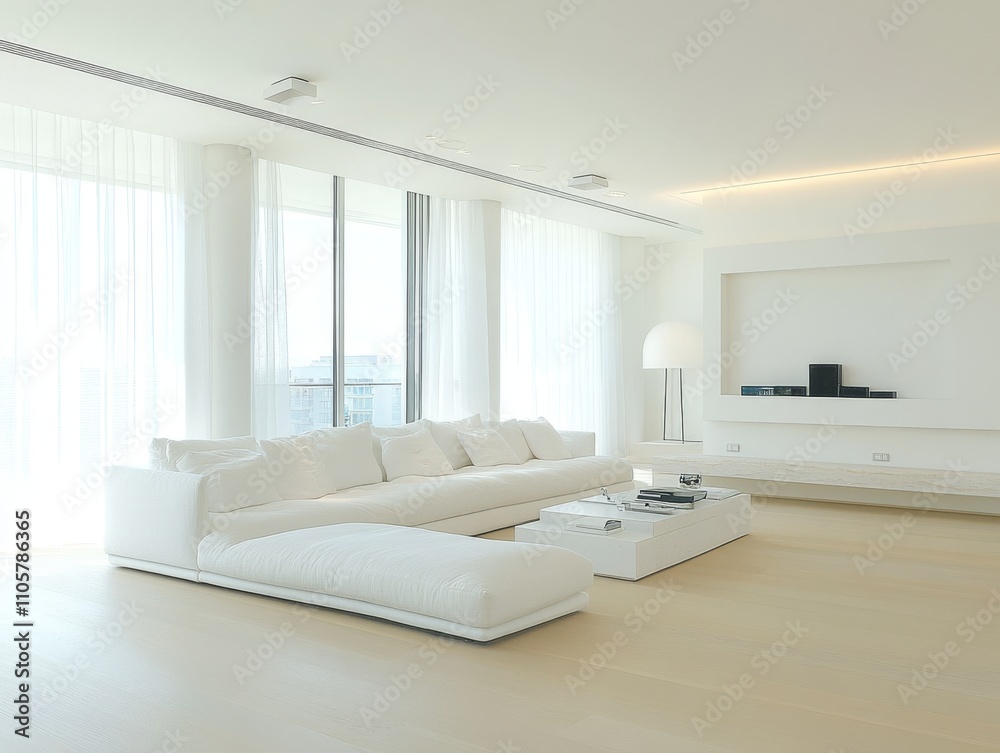 Fototapeta premium Minimalist Living Room with Large Windows and Bright Focus