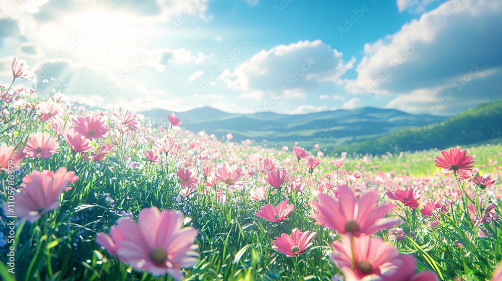 Obraz premium Tranquil Blooming Meadow: Stunning Field of Vibrant Flowers Under Sunbeams and Soft Bokeh Background